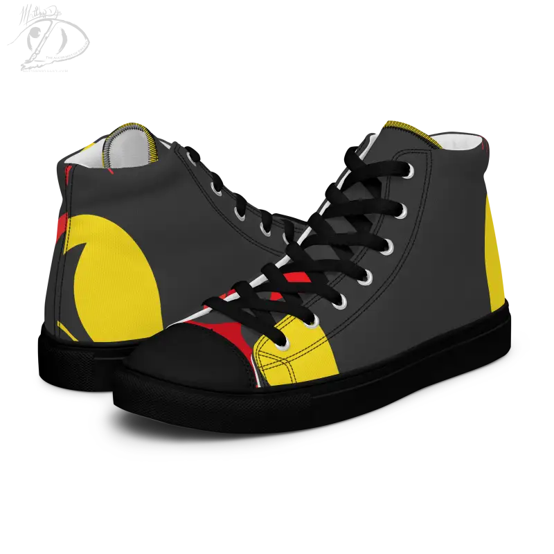 Black high-top sneaker featuring vintage black cat design with yellow and red accents