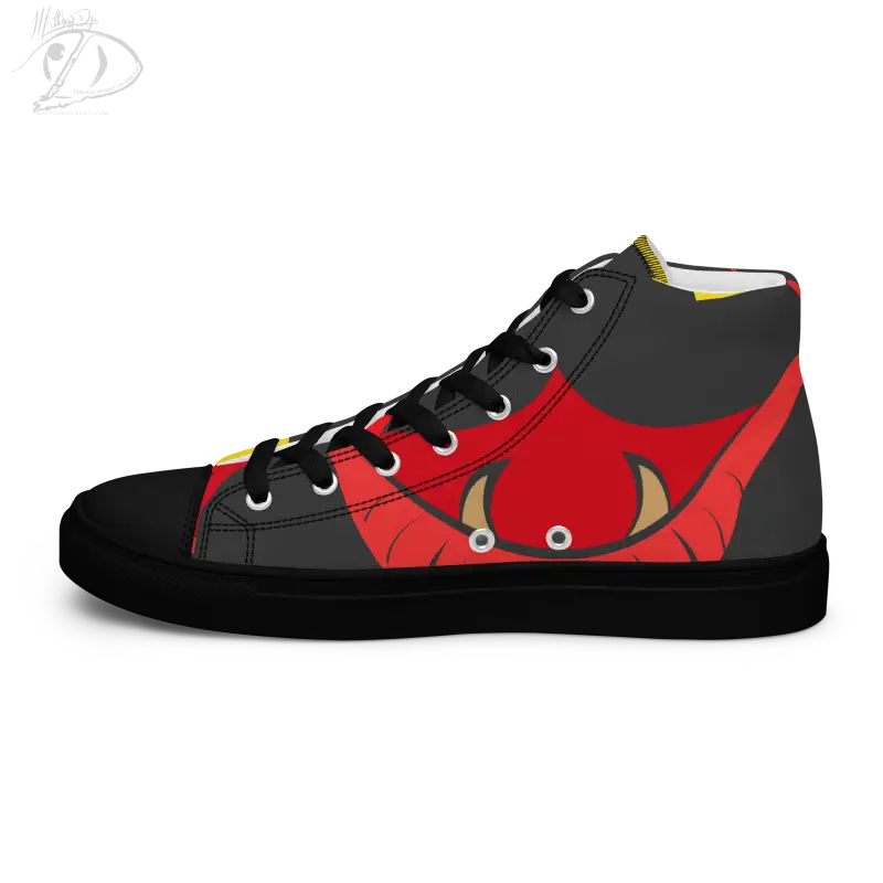 High-top sneaker in black and red with vintage black cat eye design for stylish footwear