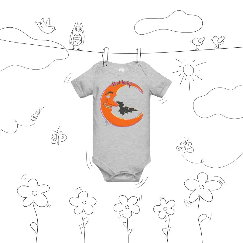 Gray Bat Baby Onesie featuring a playful retro design with orange crescent moon and bat