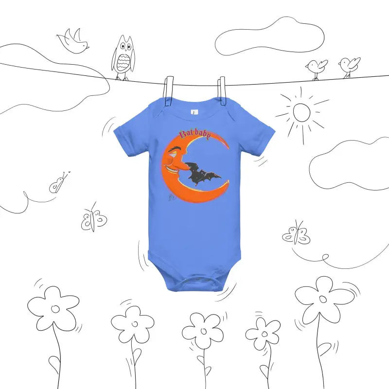 Blue Cotton Bat Baby Onesie with Orange Crescent Moon in Playful Retro Design