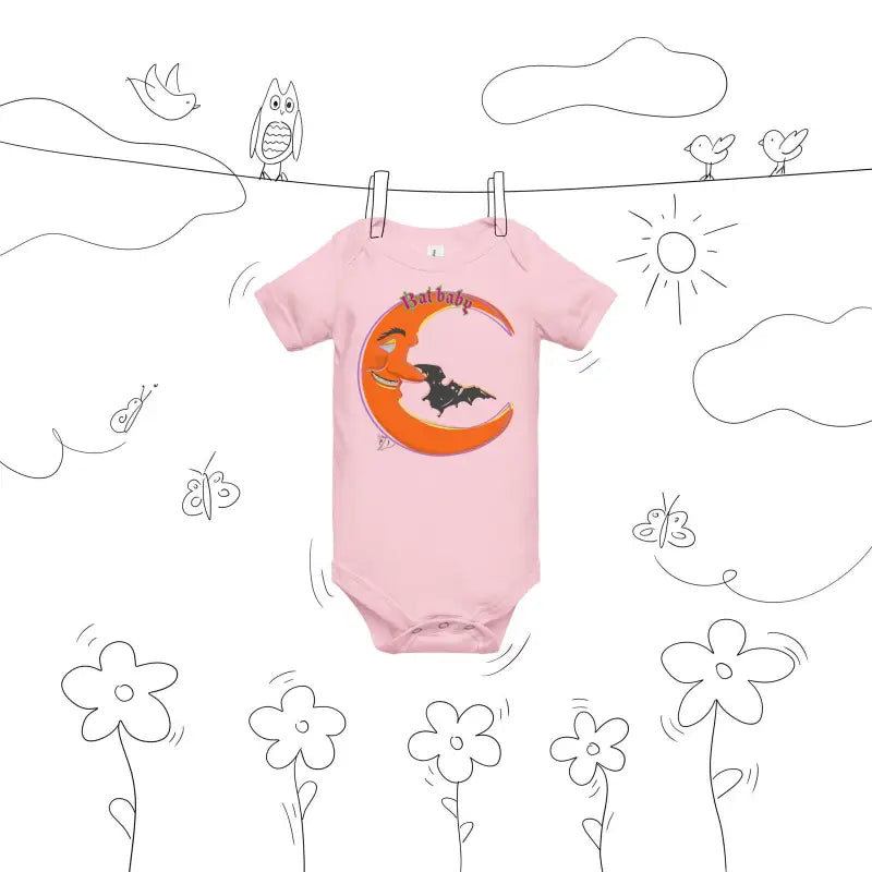 Pink bat baby onesie in playful retro design featuring a crescent moon and bat motif