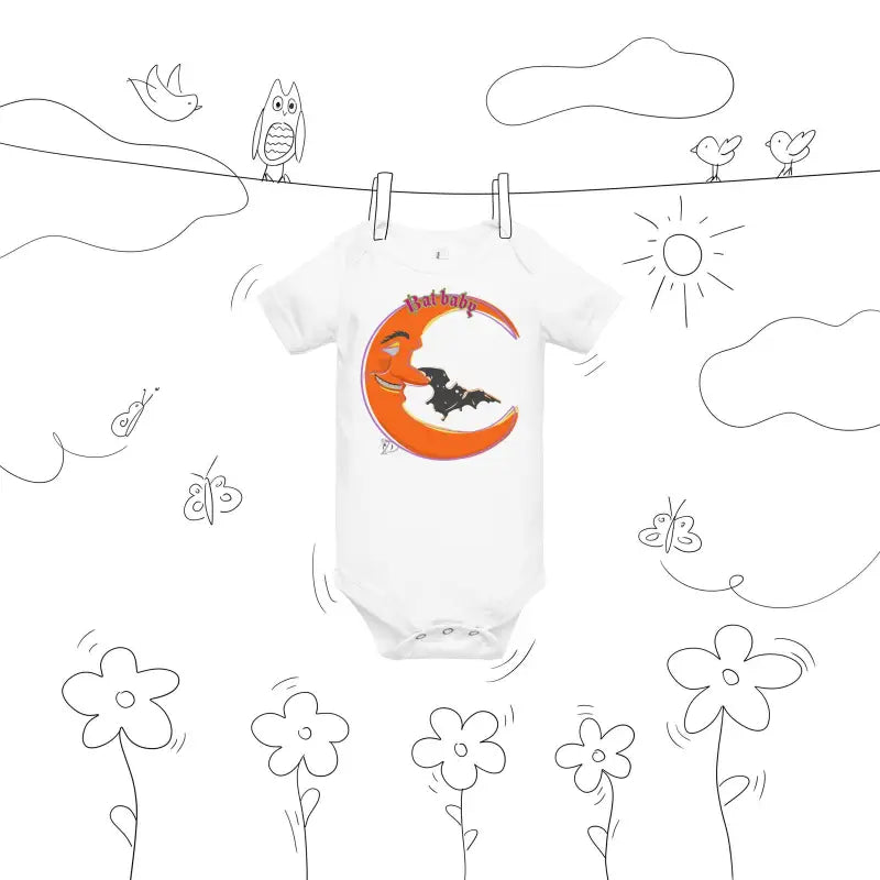 White baby onesie featuring playful retro design with orange crescent moon and bat