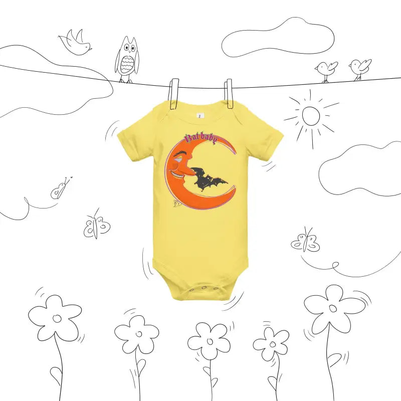 Yellow cotton bat baby onesie featuring a whimsical crescent moon and playful retro design