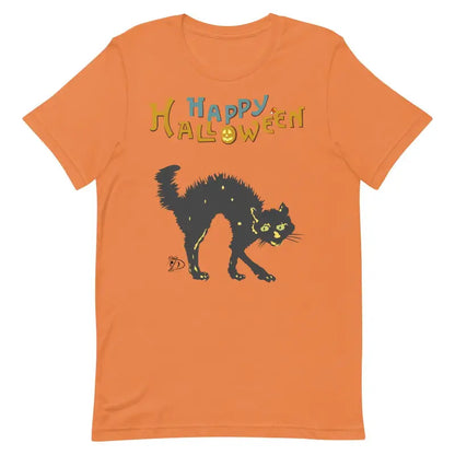 Orange cat Halloween unisex t-shirt featuring a scary cat and Happy Halloween design