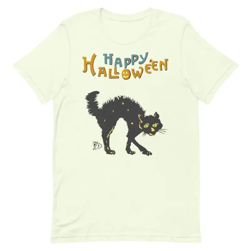 White t-shirt with black cat design and Happy Halloween text for Scary Cat Halloween