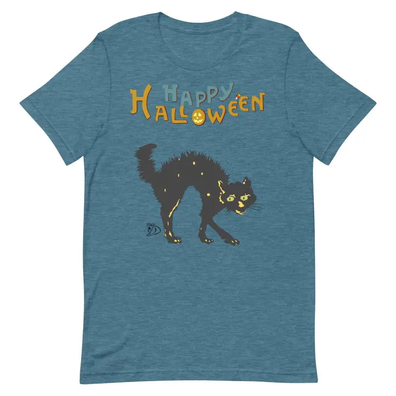 Teal t-shirt featuring a scary cat and Happy Halloween text for cat Halloween unisex wear