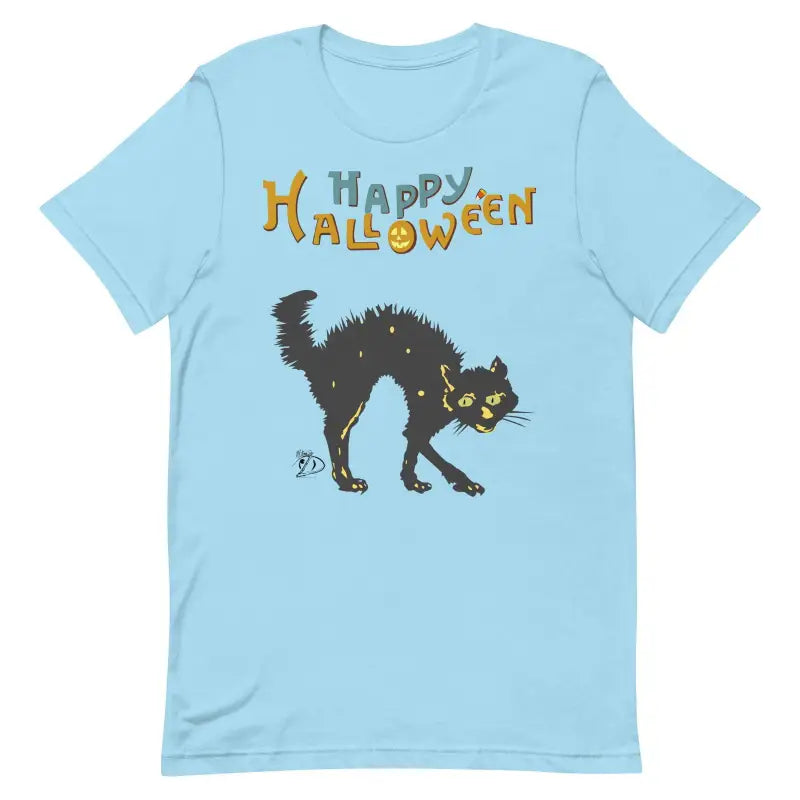 Light blue t-shirt with scary cat design and Happy Halloween text for cat Halloween unisex