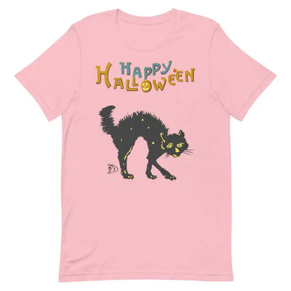 Pink t-shirt with scary cat design and colorful Happy Halloween text for unisex wear