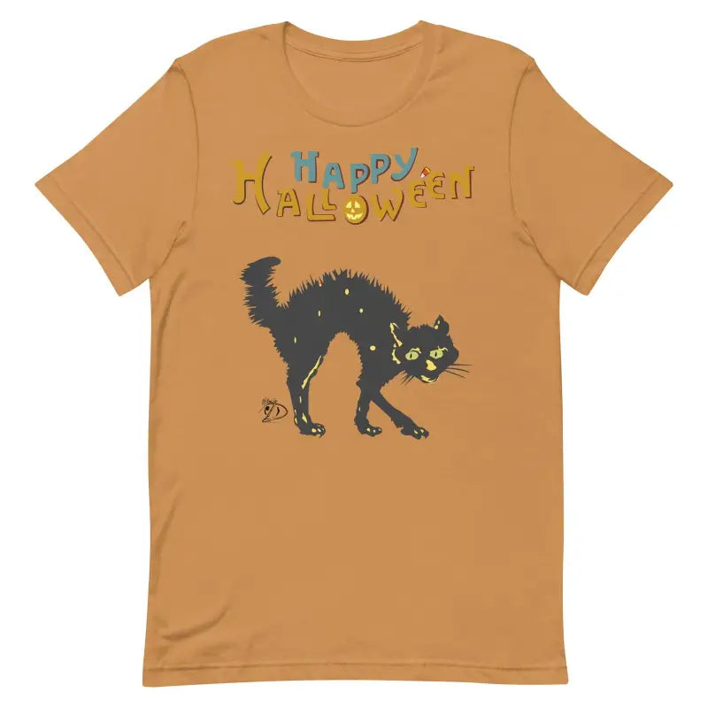 Brown t-shirt featuring a spooky scary cat Halloween design and ’Happy Halloween’ text