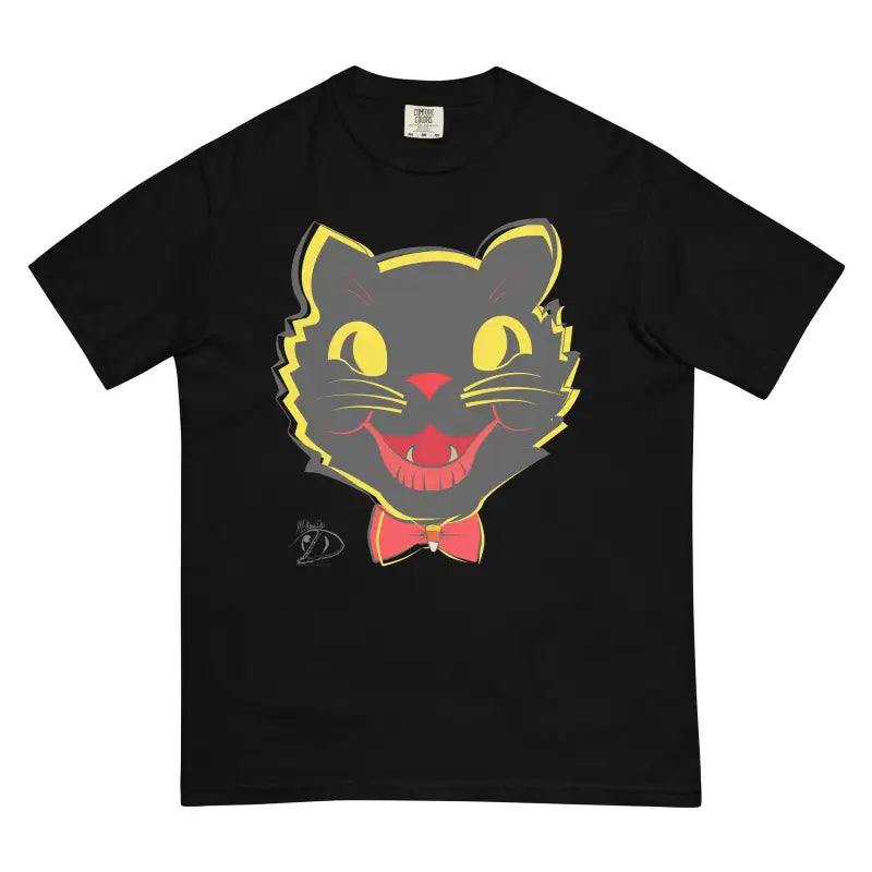 Black heavyweight t-shirt featuring a whimsical vintage cat face with yellow eyes and bow tie