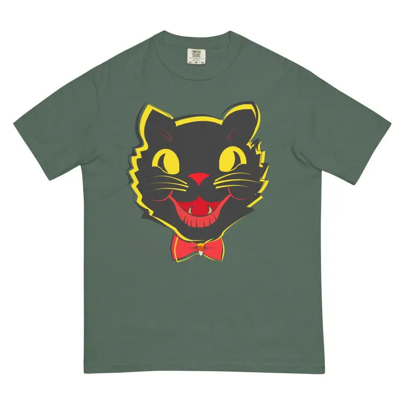 Green heavyweight t-shirt featuring whimsical vintage cat face design with red bow tie