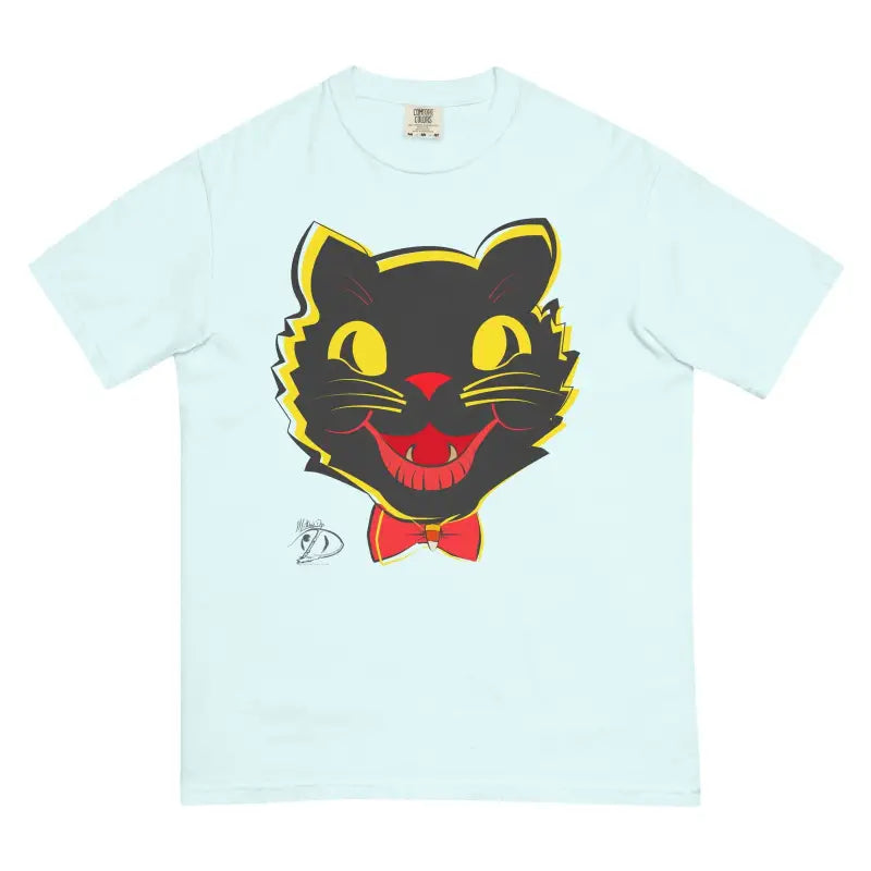 Light blue heavyweight t-shirt with vintage cat design featuring a bow tie and fanged smile