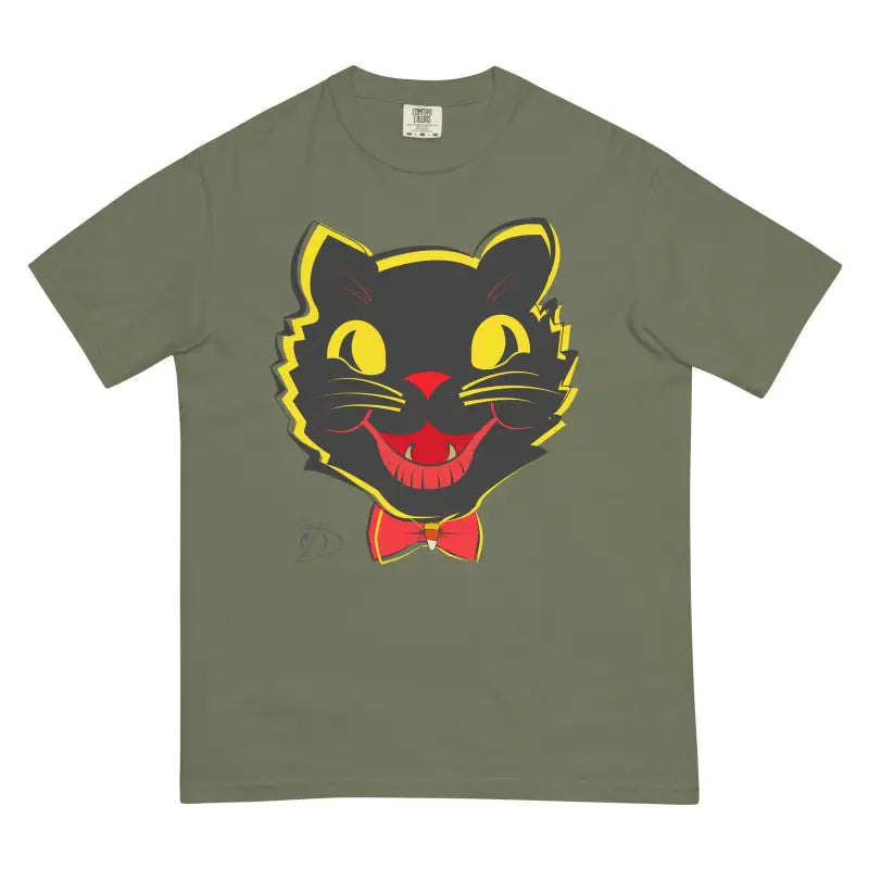 Olive green heavyweight t-shirt with vintage cat face design and whimsical charm