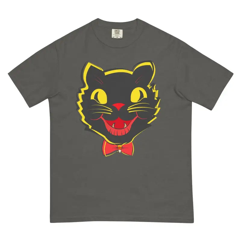 Grey heavyweight t-shirt with a yellow cartoon black cat face and red bowtie, showcasing vintage charm