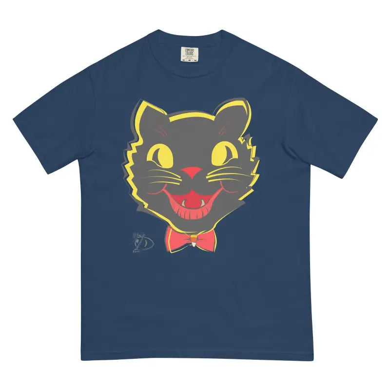 Navy heavyweight t-shirt with vintage cat face, yellow eyes, and red bow tie design