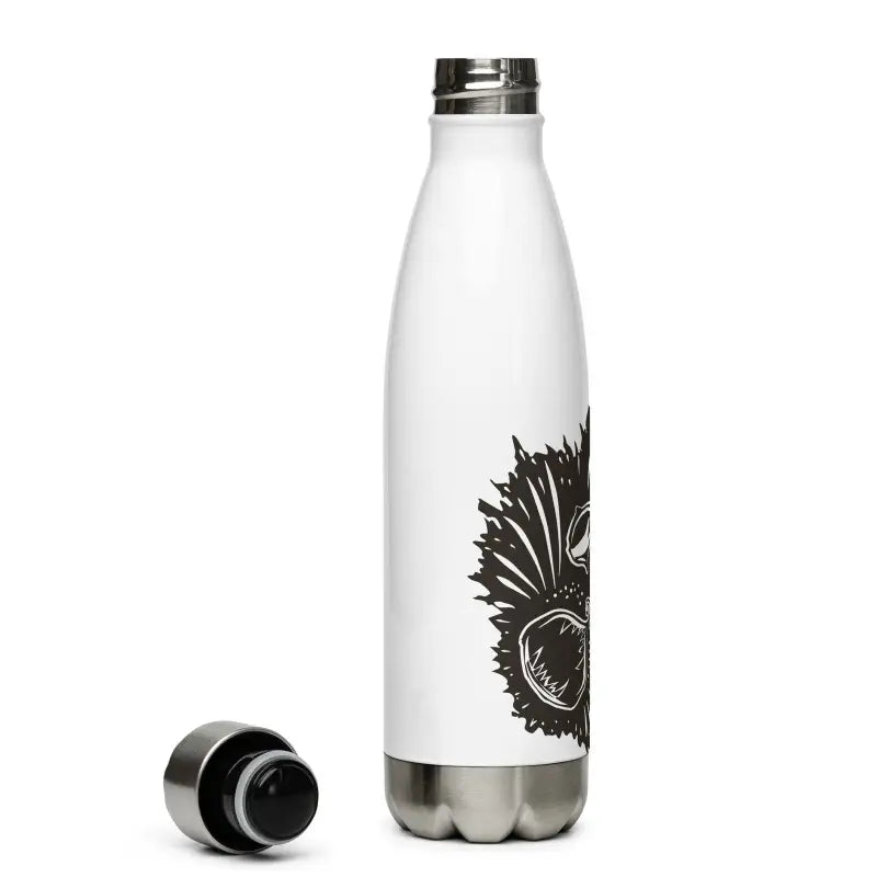 White stainless steel water bottle featuring black tribal design, Kitty Head Stainless edition