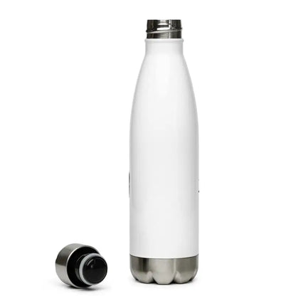 White reusable stainless steel water bottle with metallic base and kitty head design