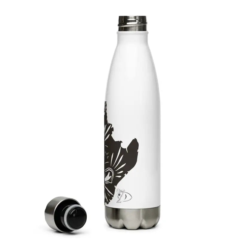 White stainless steel water bottle featuring black floral design and metal cap