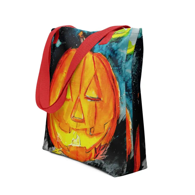 Glowing orange jack-o’-lantern design on a sustainable reusable tote for Halloween