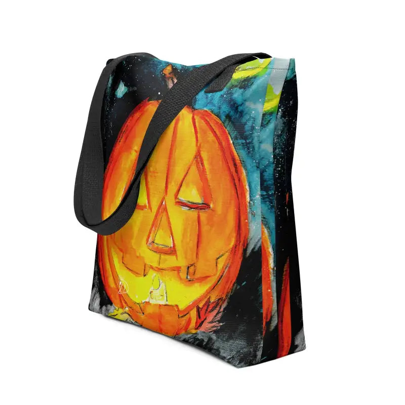 Sustainable reusable tote featuring a glowing orange jack-o’-lantern on a dark backdrop