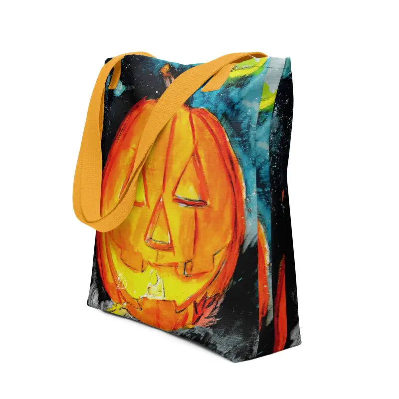 Halloween-themed sustainable reusable tote with glowing jack-o’-lantern design