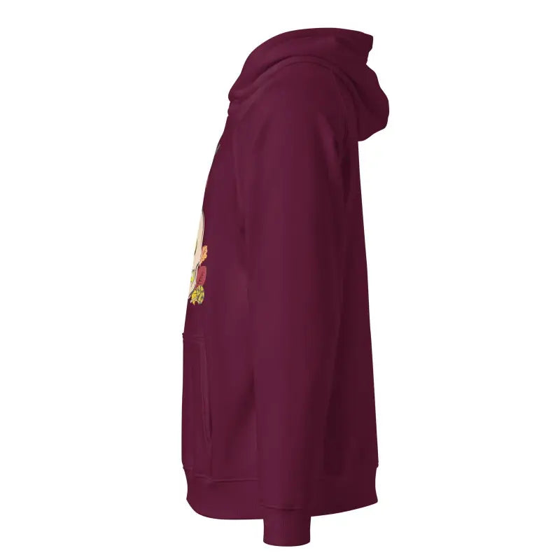 Profile view of Burgundy Skull Owl Unisex Eco Raglan Hoodie with side embellishment