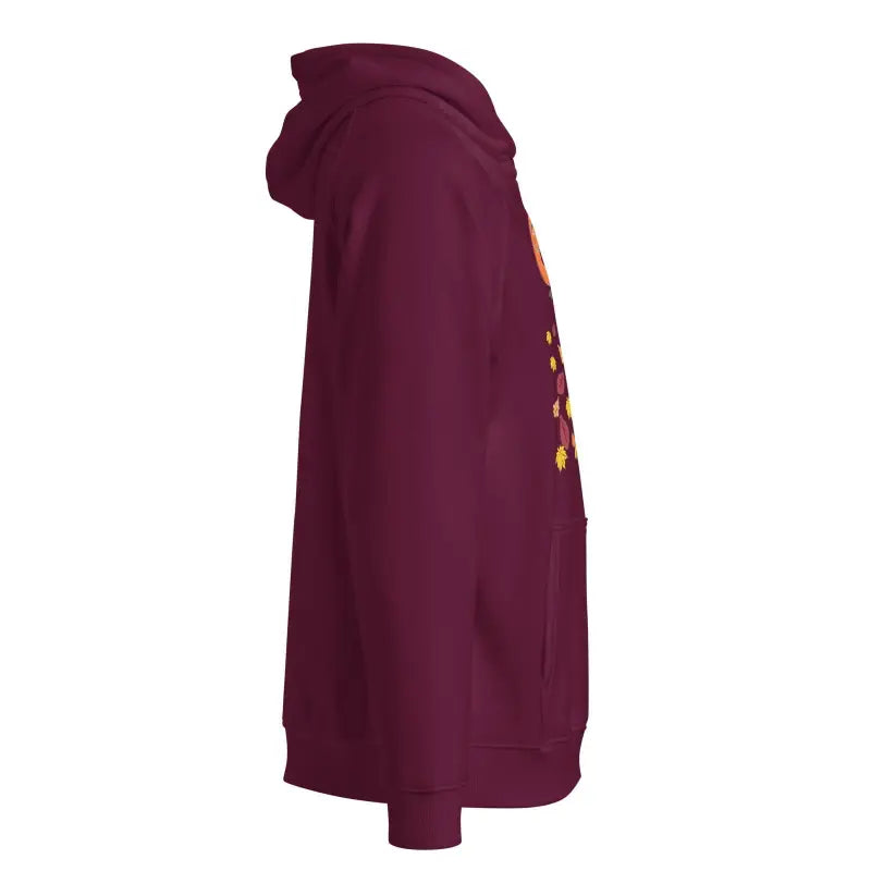 Burgundy hooded sweatshirt with side text, showcasing skull owl unisex eco design