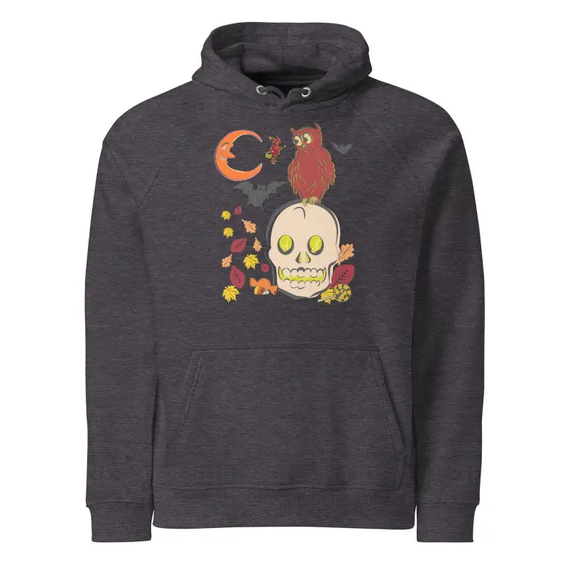 Dark gray unisex eco raglan hoodie with Halloween skull, owl, and autumn leaves design