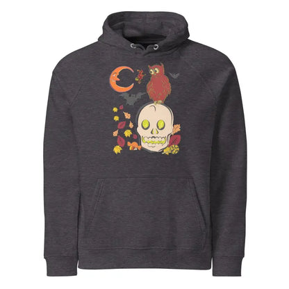 Dark gray eco raglan hoodie featuring burgundy skull owl and autumn leaves design