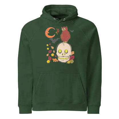 Forest green unisex eco raglan hoodie featuring skull owl autumn-themed graphic design