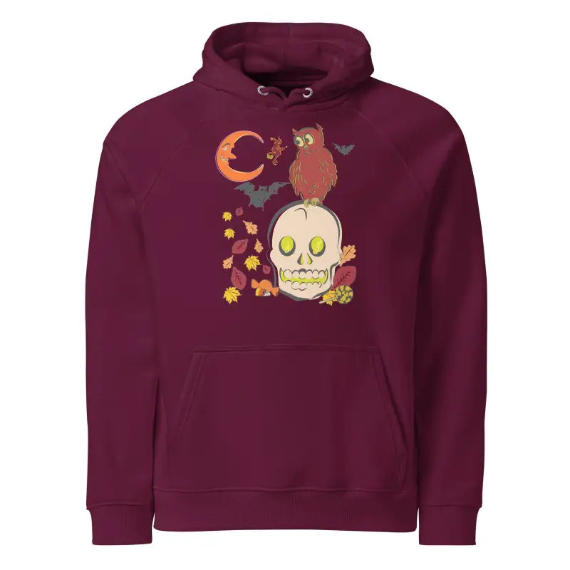 Burgundy Skull Owl unisex eco raglan hoodie with owl, skull, and autumn leaves design