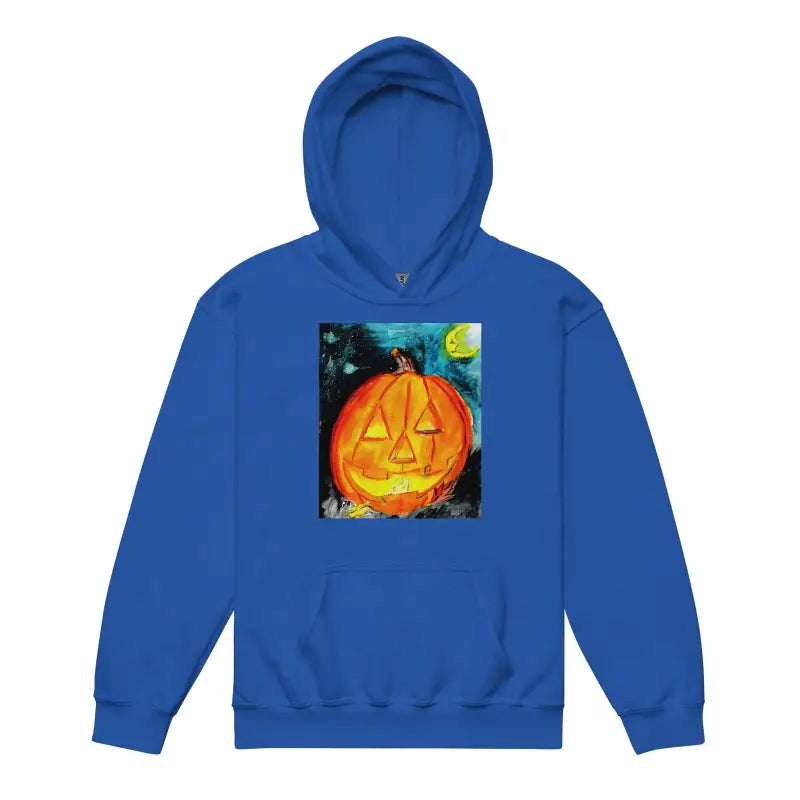 Royal blue hooded sweatshirt with a Halloween jack-o’-lantern design for pumpkin fun youth