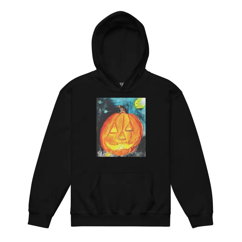 Black hoodie sweatshirt featuring jack-o’-lantern design for pumpkin fun youth fashion