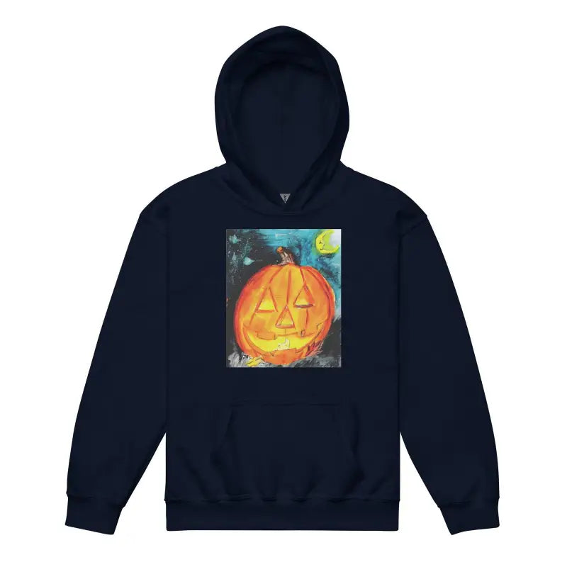 Navy blue hoodie sweatshirt featuring a Halloween jack-o’-lantern design for pumpkin fun youth