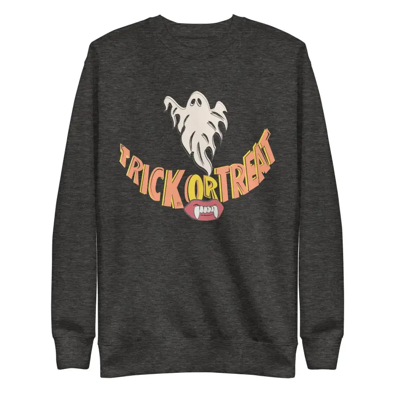 Dark gray sweatshirt featuring a white ghost and orange Trick or Treat design for spooky comfort