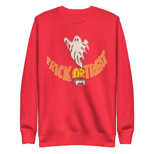 Red sweatshirt featuring ghost design and Trick or Treat text for spooky comfort