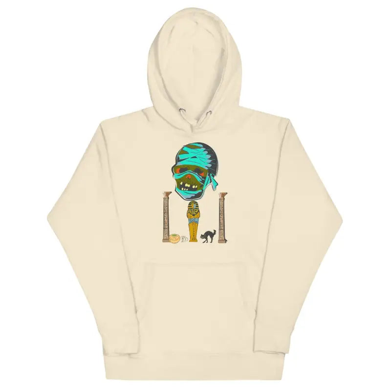 Cream-colored Mummy Unisex Hoodie with quirky turquoise skull design