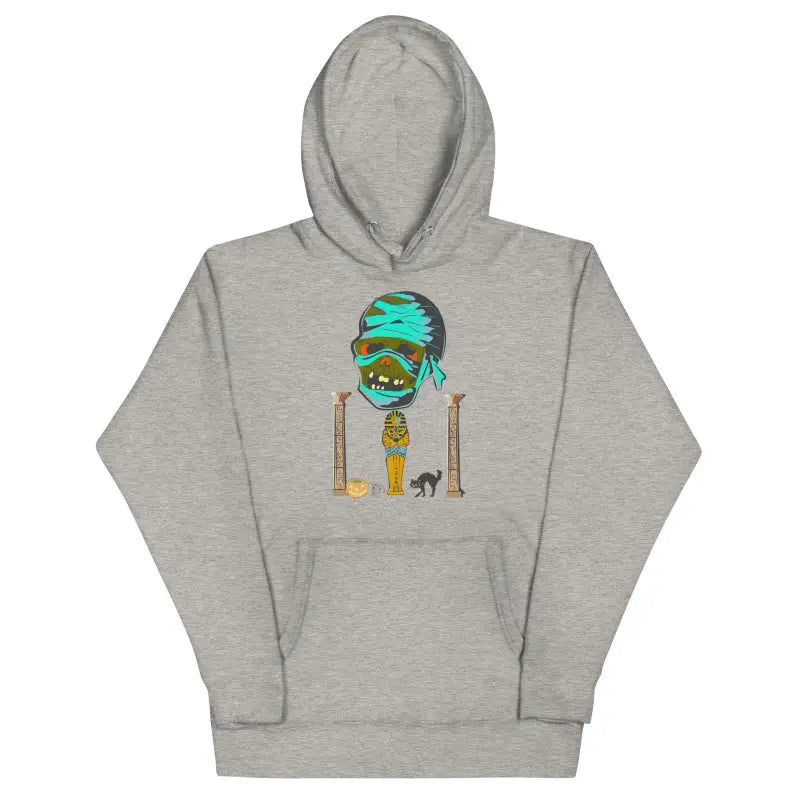 Grey hoodie featuring cartoon skull with ski goggles, part of the Mummy Unisex Hoodie collection