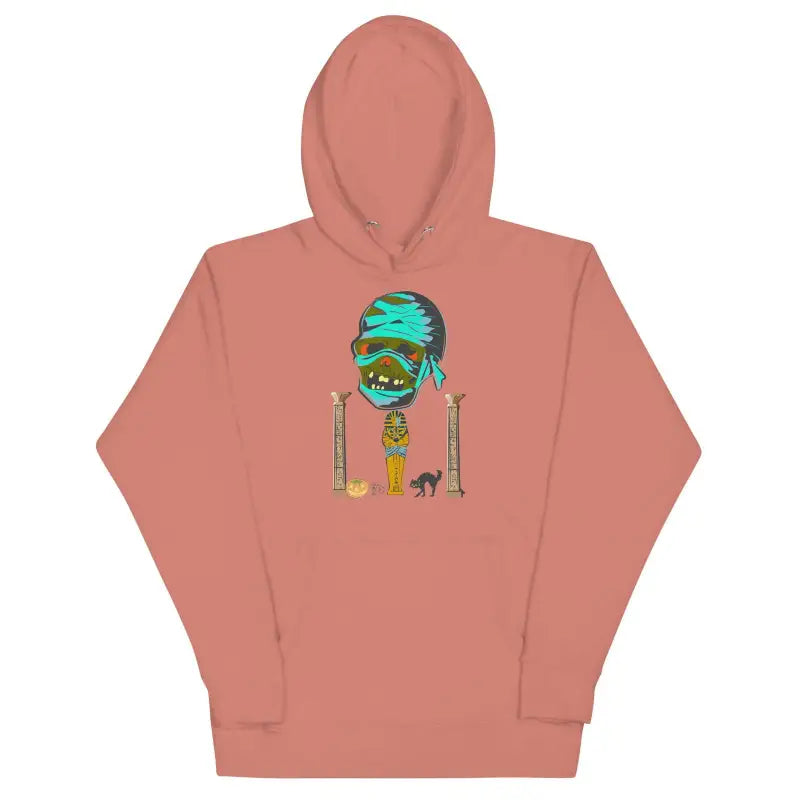 Dusty pink hoodie featuring cartoon zombie graphic from Mummy Unisex Hoodie collection