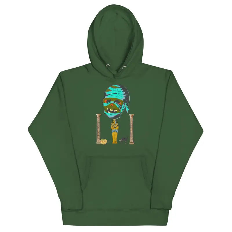 Forest green mummy unisex hoodie with turquoise and gold skull design on front