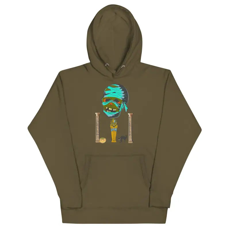 Olive green mummy unisex hoodie featuring a turquoise skull and skateboard graphic design