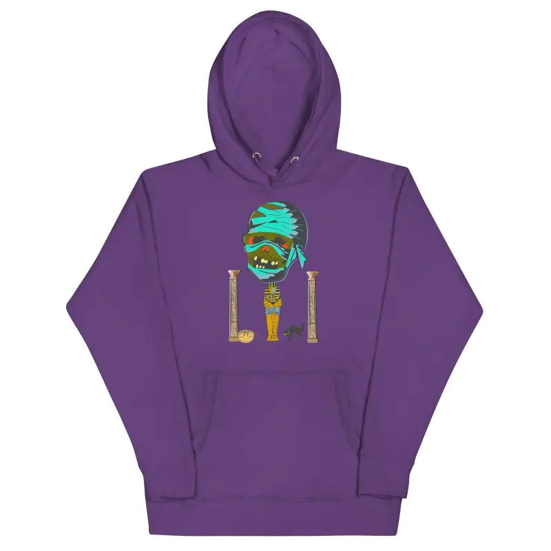 Purple Mummy Unisex Hoodie featuring a turquoise skull design on the front