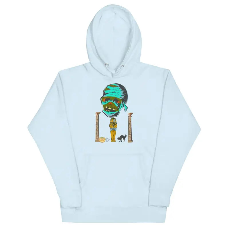 Light blue mummy unisex hoodie featuring colorful skull graphic design on front