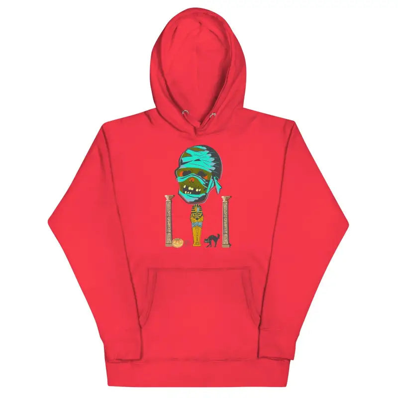 Red Mummy Unisex Hoodie featuring a quirky cartoon skull with a turquoise hat design