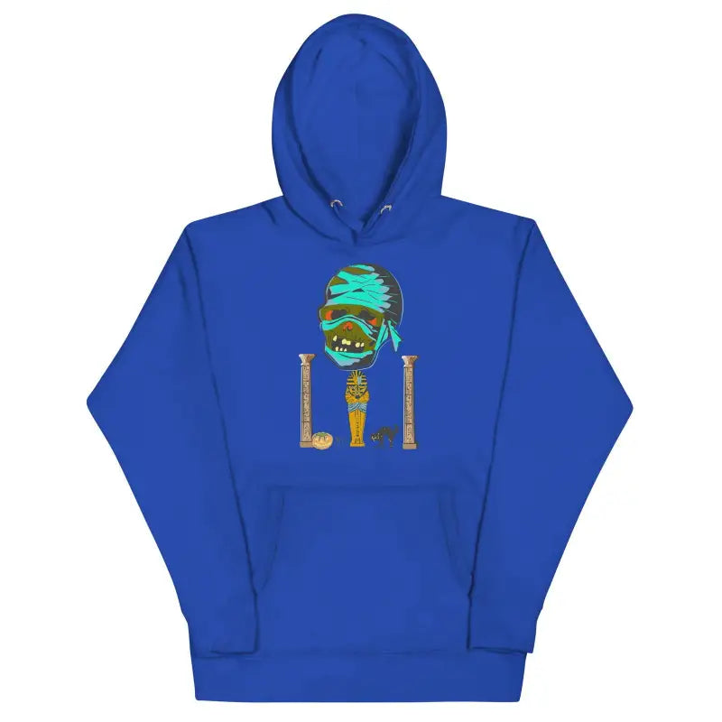 Royal Blue Mummy Unisex Hoodie featuring colorful skull and bones graphic design