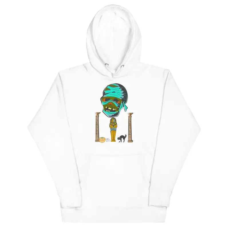 White sweatshirt featuring cartoon skull design, perfect for the Mummy Unisex Hoodie style