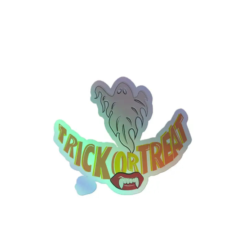 Holographic Halloween sticker with Trick or Treat text, ghost, and vampire fangs