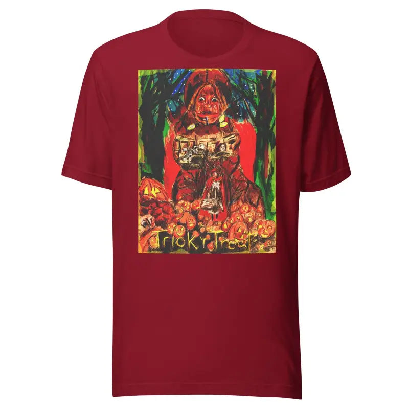 Burgundy unisex t-shirt featuring Halloween artwork for Trick R Treat celebrations