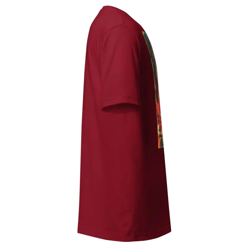 Side view of a Burgundy Red Unisex T-Shirt for Trick R Treat Halloween