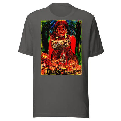 Gray unisex t-shirt with vibrant horror art for Trick R Treat Halloween celebrations